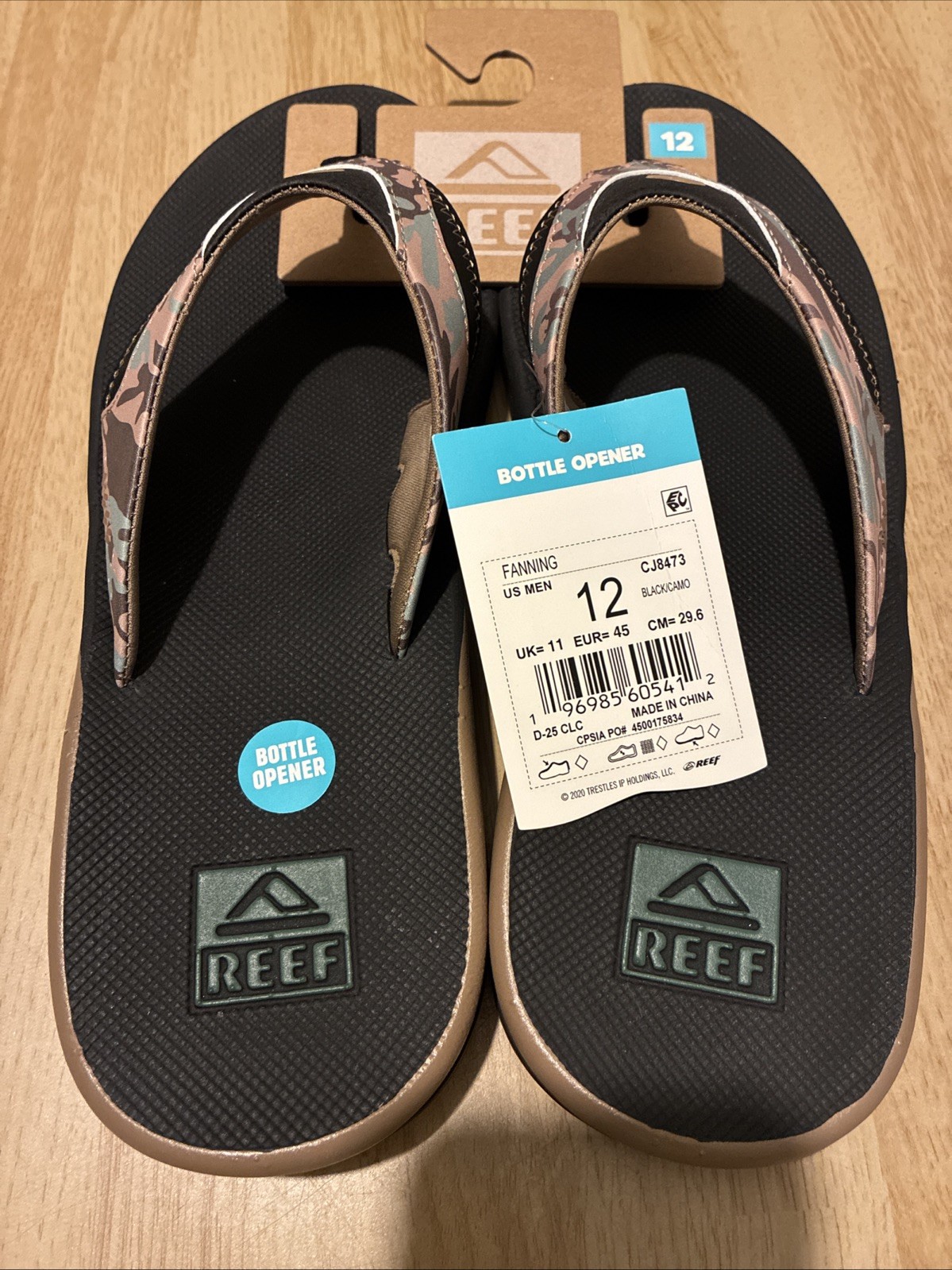 NWT $65 REEF Fanning Men’s Flip-Flop Sandal & Sole Bottle Opener Camo Size 12