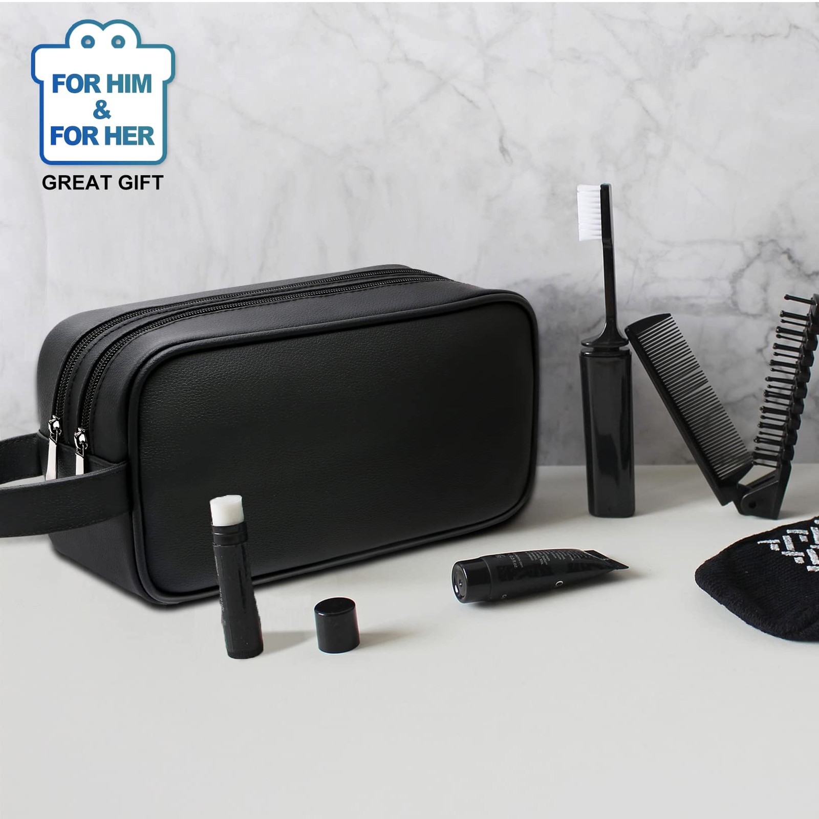 HappyDavid Soft PU Leather Zipped Travel Toiletry Bag Mens Ladies Supply