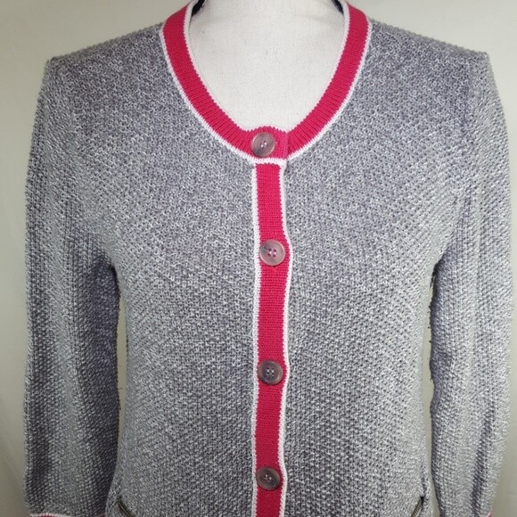 HALOGEN Gray White Pink Button-Up Sweater 3/4 Sleeve Office Church, Medium