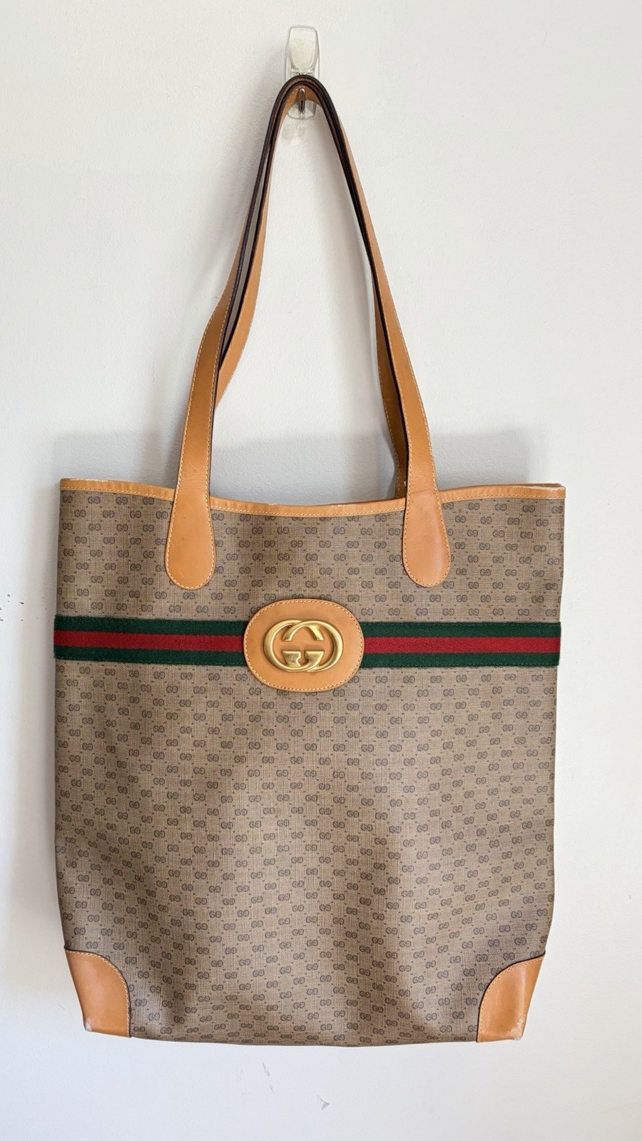 Vintage Gucci GG Supreme Web Stripe Tote Bag Monogram Canvas Authentic Italy