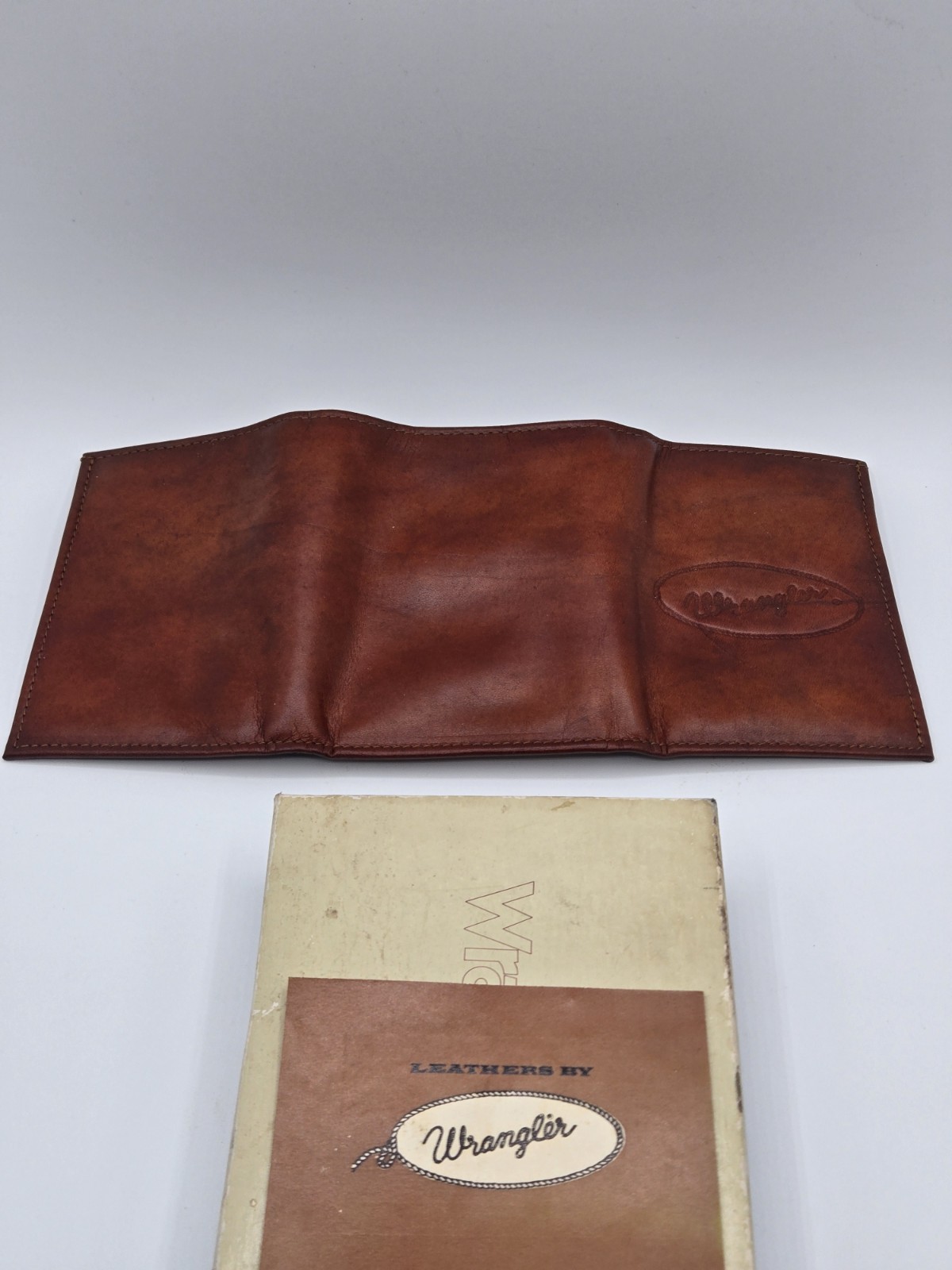 Vintage Wrangler Genuine Leather Trifold Wallet Brown w/ Box USA Made NOS