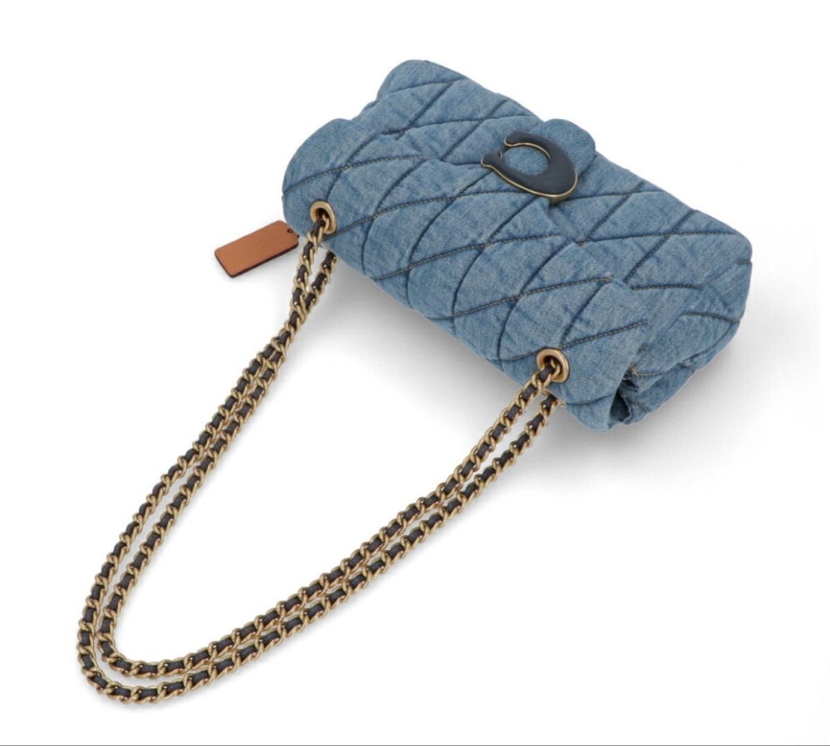 COACH Tabby Shoulder Bag Quilted Denim Leather Chain Strap 2-Way Blue 14x26x8cm