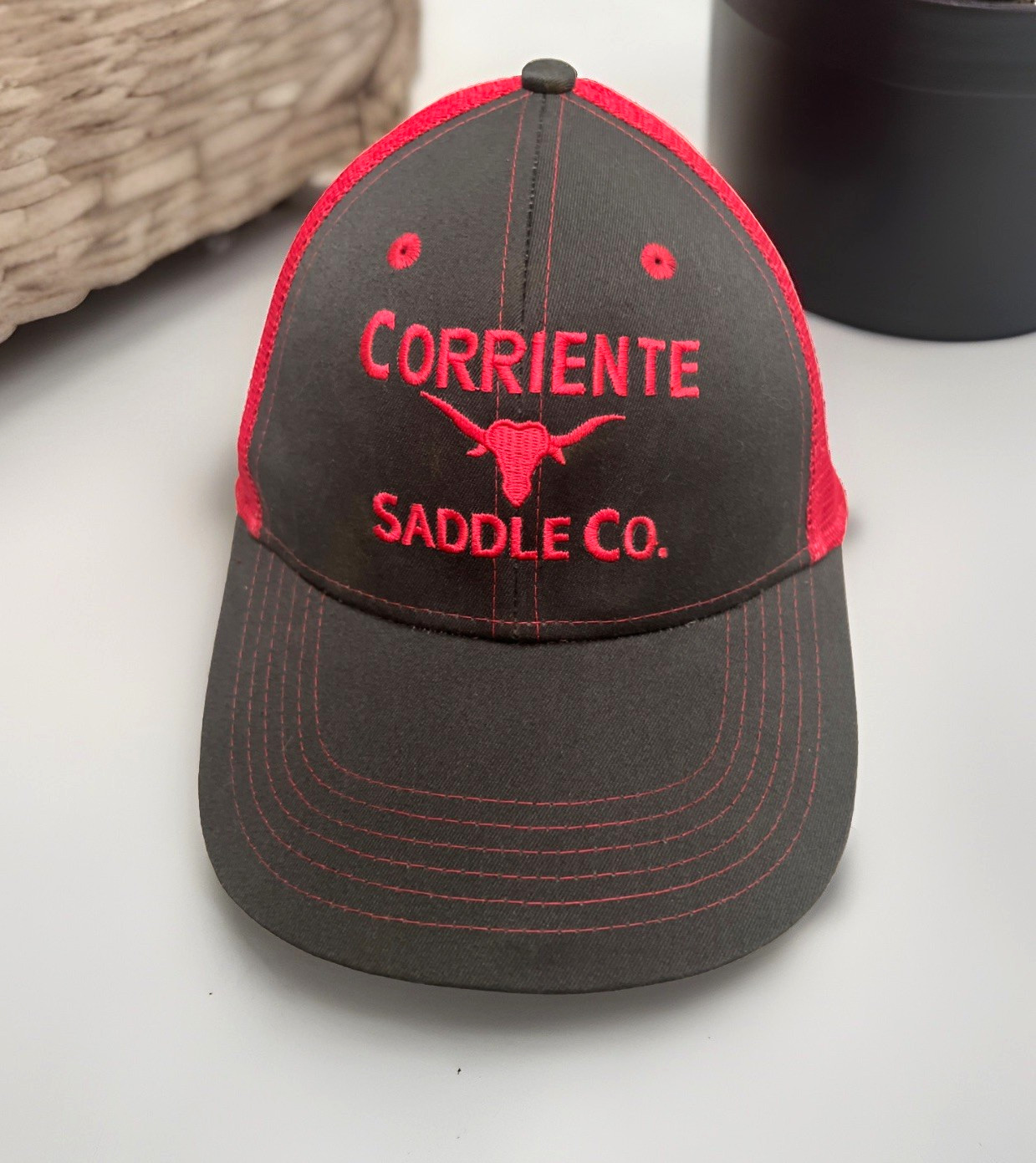 Corriente Saddle Co. Hot Pink & Dark Gray Adjustable Strap Back Mesh Hat / Cap