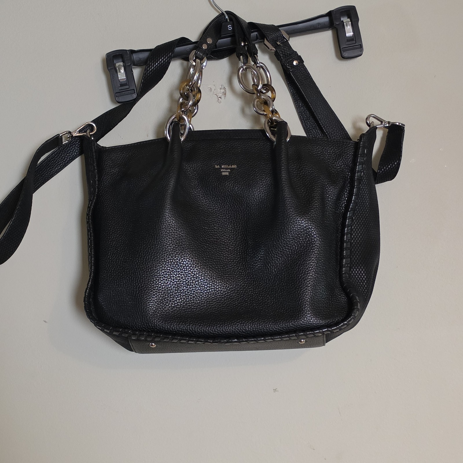 DA MILANO Black Pebbled Satchel Top Handle Zip Bag w/ Detachable Strap
