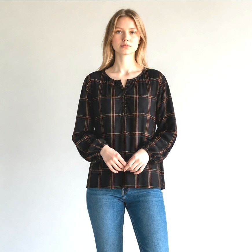 Madewell Capsule Black Plaid Button Front Pullover Blouse Relaxed Fit Wool XXS