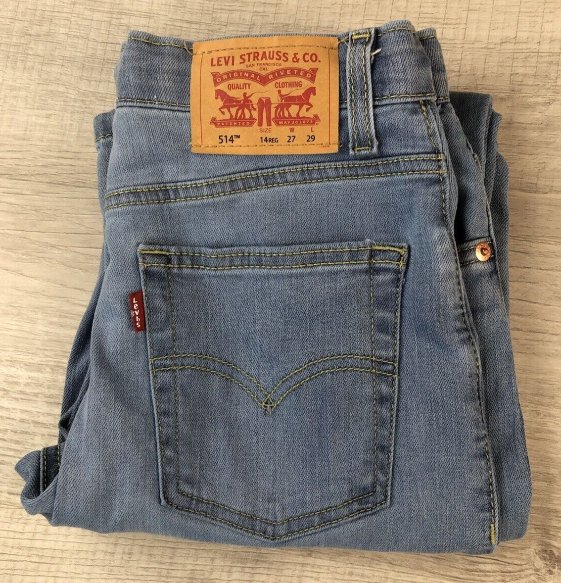 Levi’s 514 Jeans Lite Blue Denim Womens Tag Size 14 Reg W27xL29 (Actual 26.5×28)