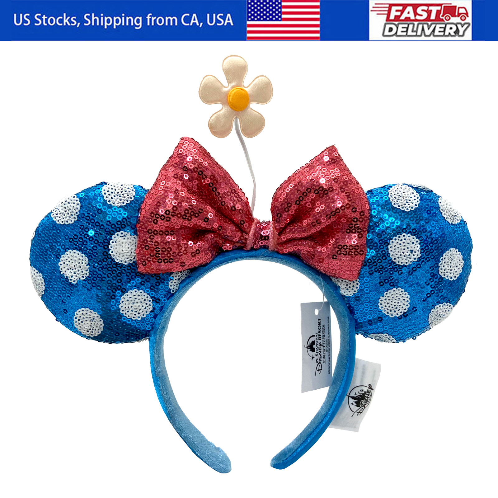 White Polka Dot Blue Minnie Ears Sequin Disney’s Little Flower Headband Hairband