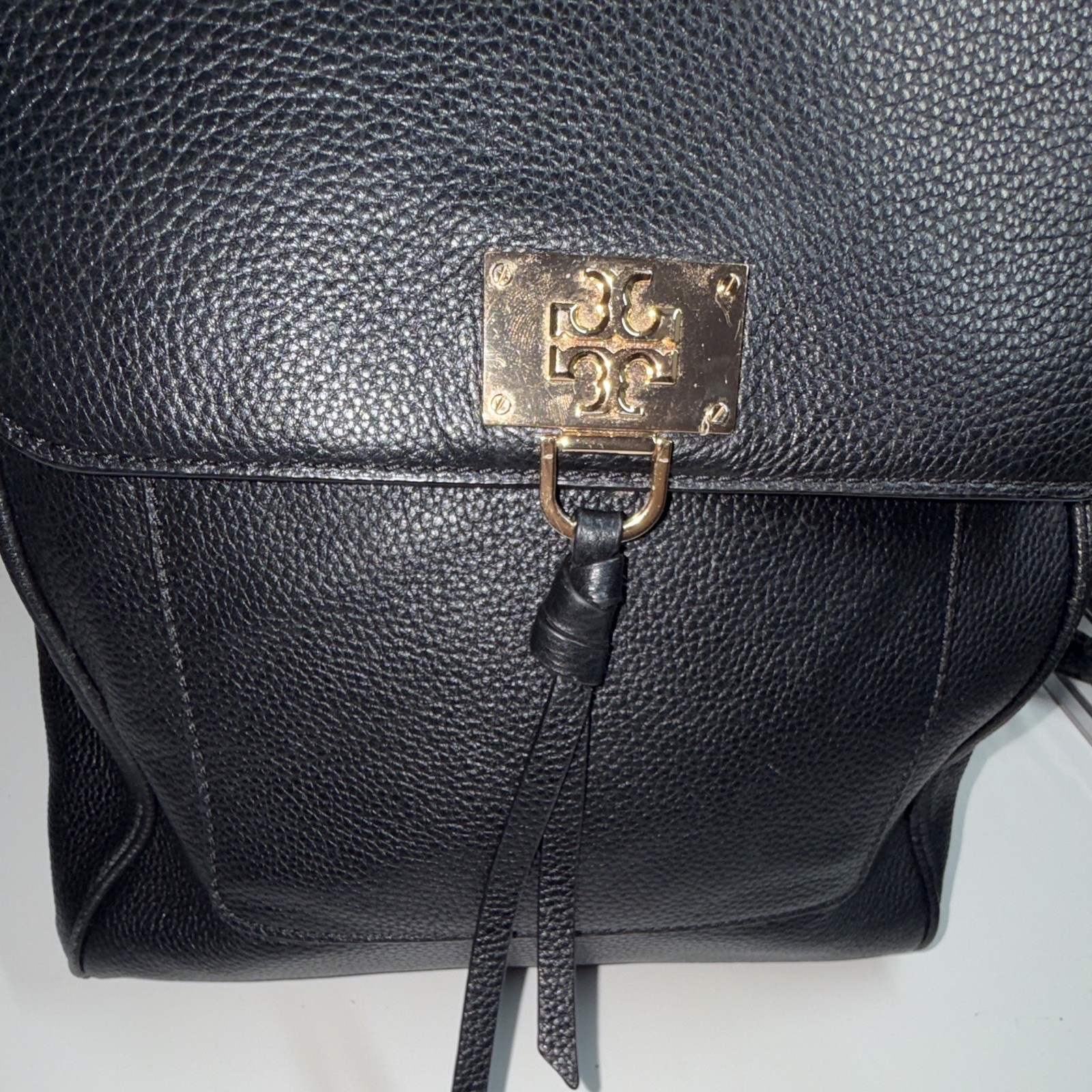 Tory Burch Black Pebbled Backpack Clasp Gold Hardware Logo Tassel Adjustable
