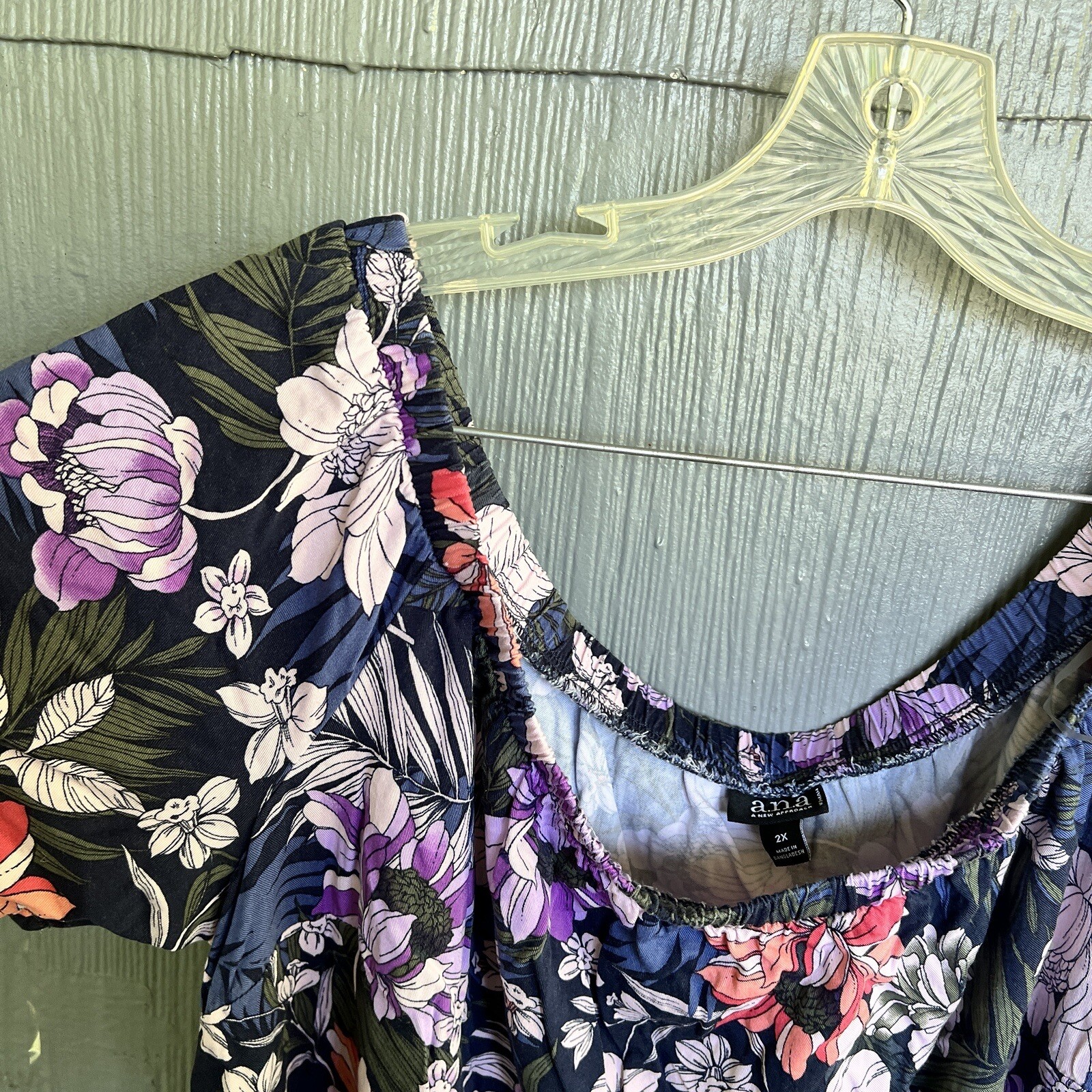 A.N.A A New Approach Top Blouse Women’s 2X Blue Floral Rayon Elastic Shoulder