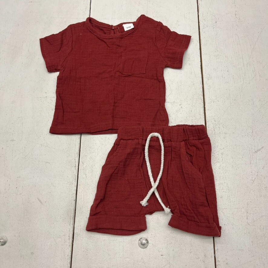 Maroon 2 Piece Gauze Short Sleeve & Shorts Set Kids Size 6-9 Months NEW