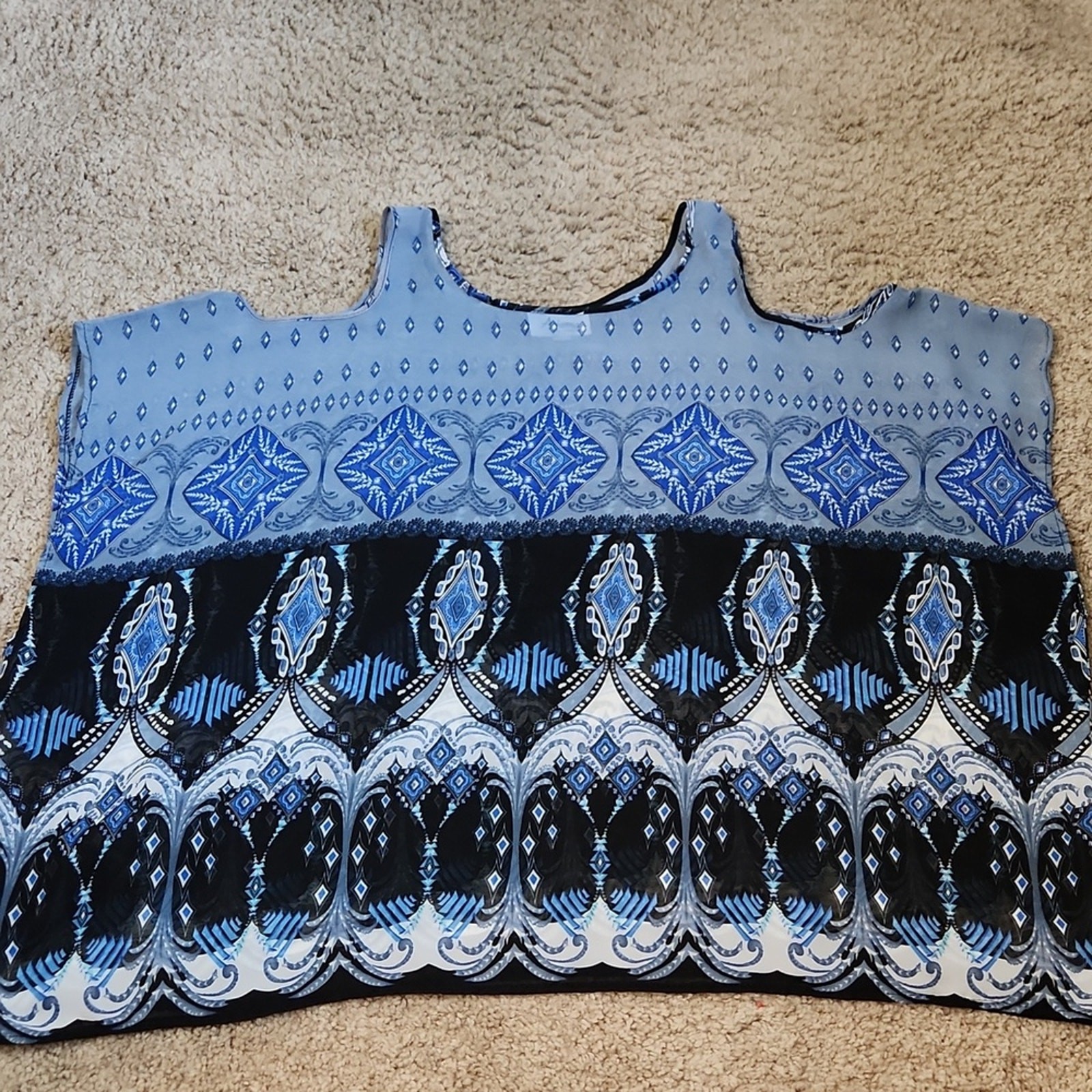 Arianna By Howards Multi-Colored Blouse OS Sheer Cold Shoulder Boho Abstract