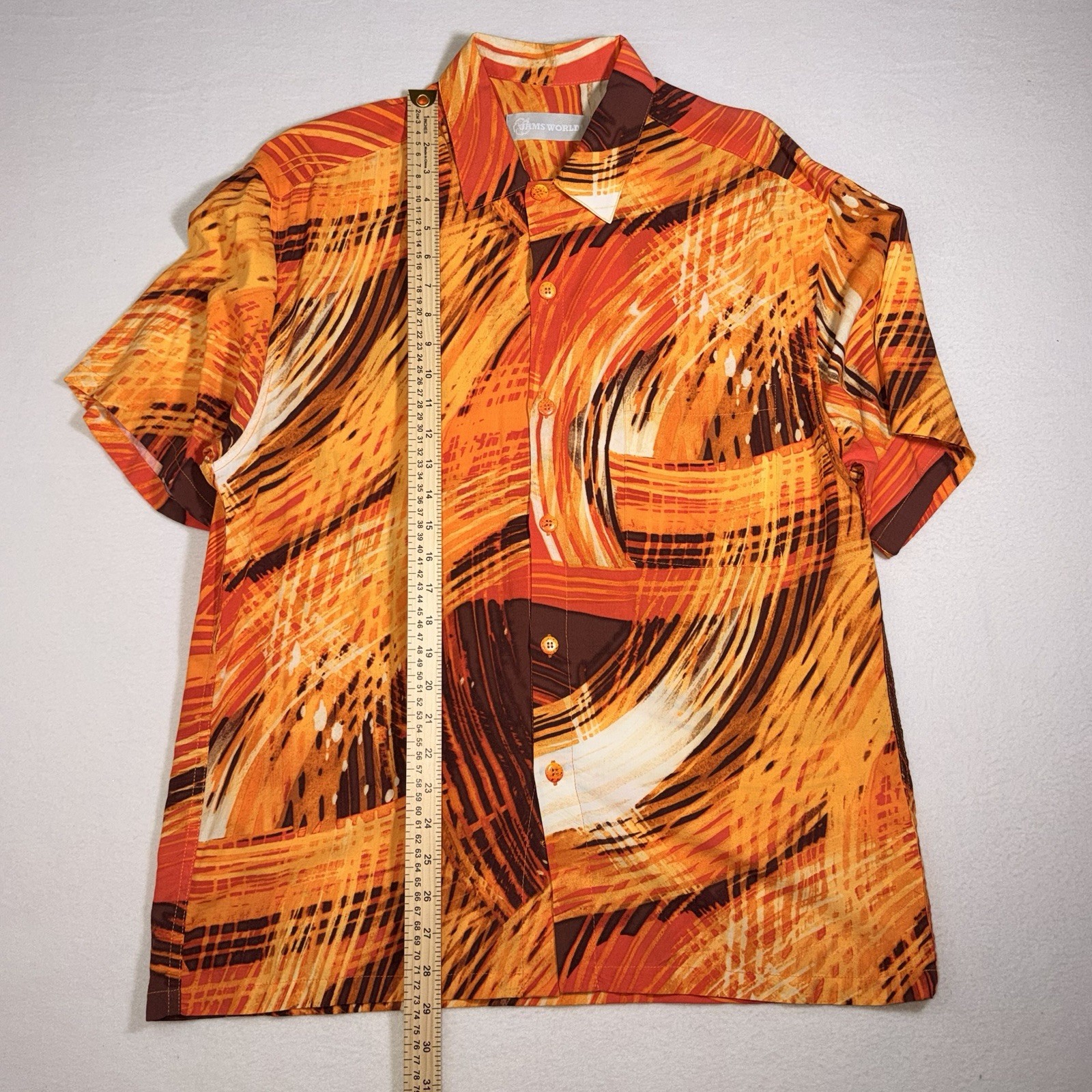Vintage Jams World Hawaii Rayon Hawaiian Shirt Abstract Orange USA Mens M