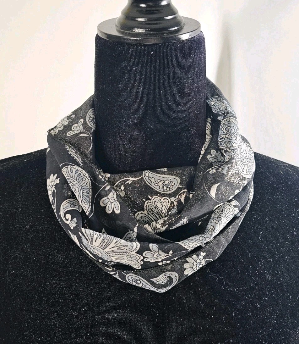 Infinity scarf, beautiful floral, black, white, gray, light blue, shiny fabric