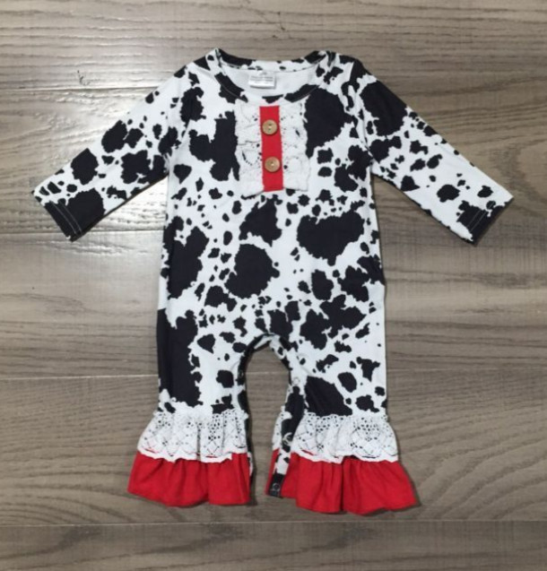 NEW Boutique Baby Girls Cow Print Farm Ruffle Romper Jumpsuit