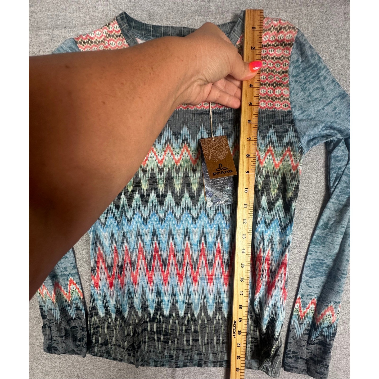NWT Prana Long Sleeve Top Womens XXS Blue Ikat Geometric Organic Cotton Blend
