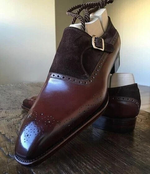 Bespoke Single Strap Monk Brown Leather & Suede Shoes, Men’s Brogue Dress Shoes