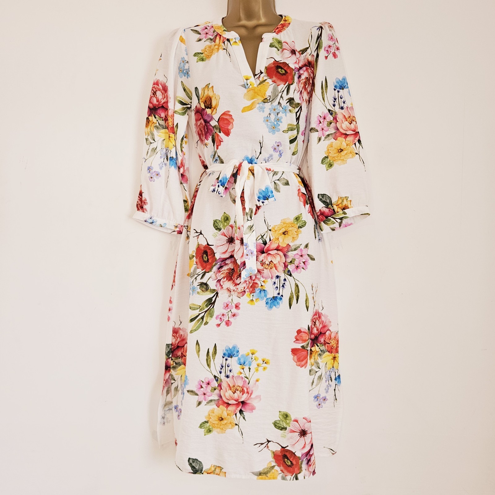 NEW Ex WALLIS 10-22 Ivory White Pink Red Blue Floral Print Belted Midi Tea Dress