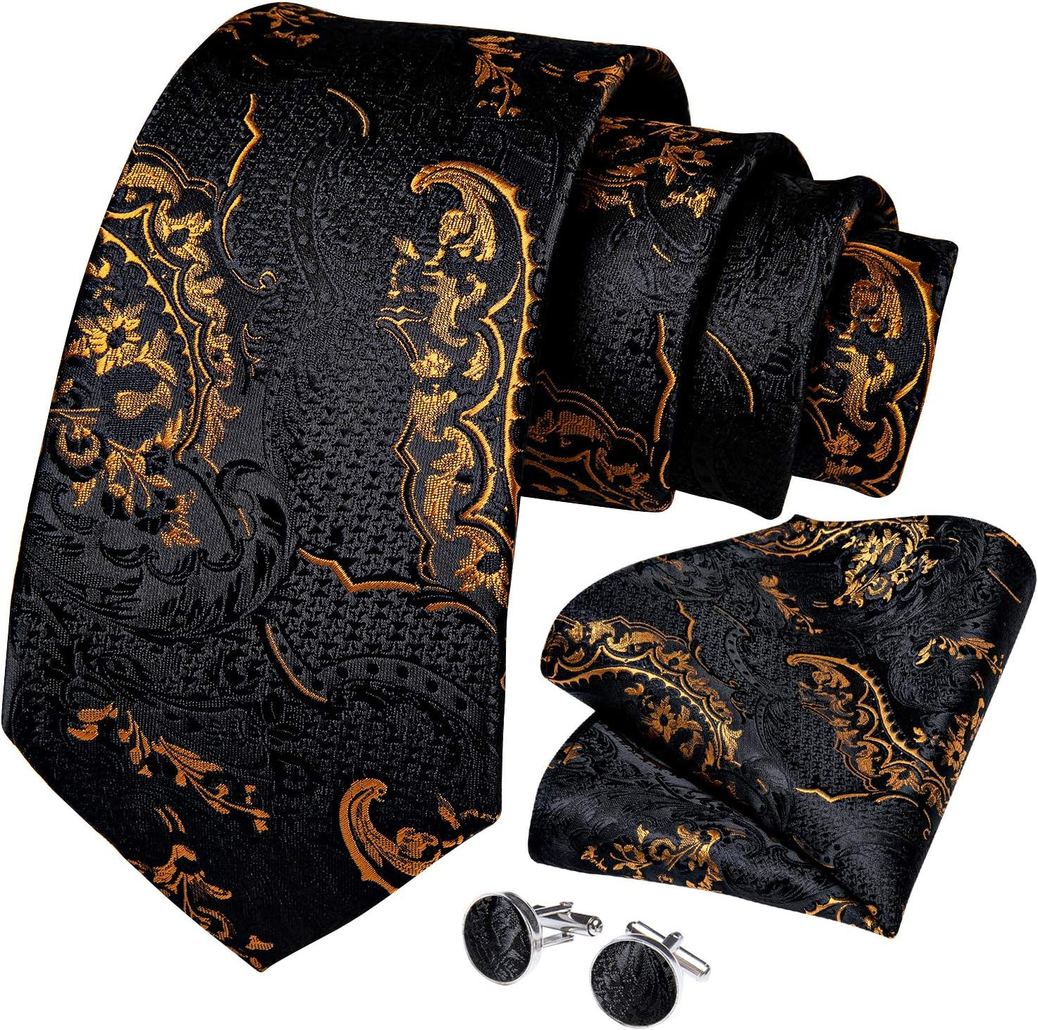 Mens Tie Set Silk Solid Paisley Necktie and Pocket Square Cufflinks Classic Form