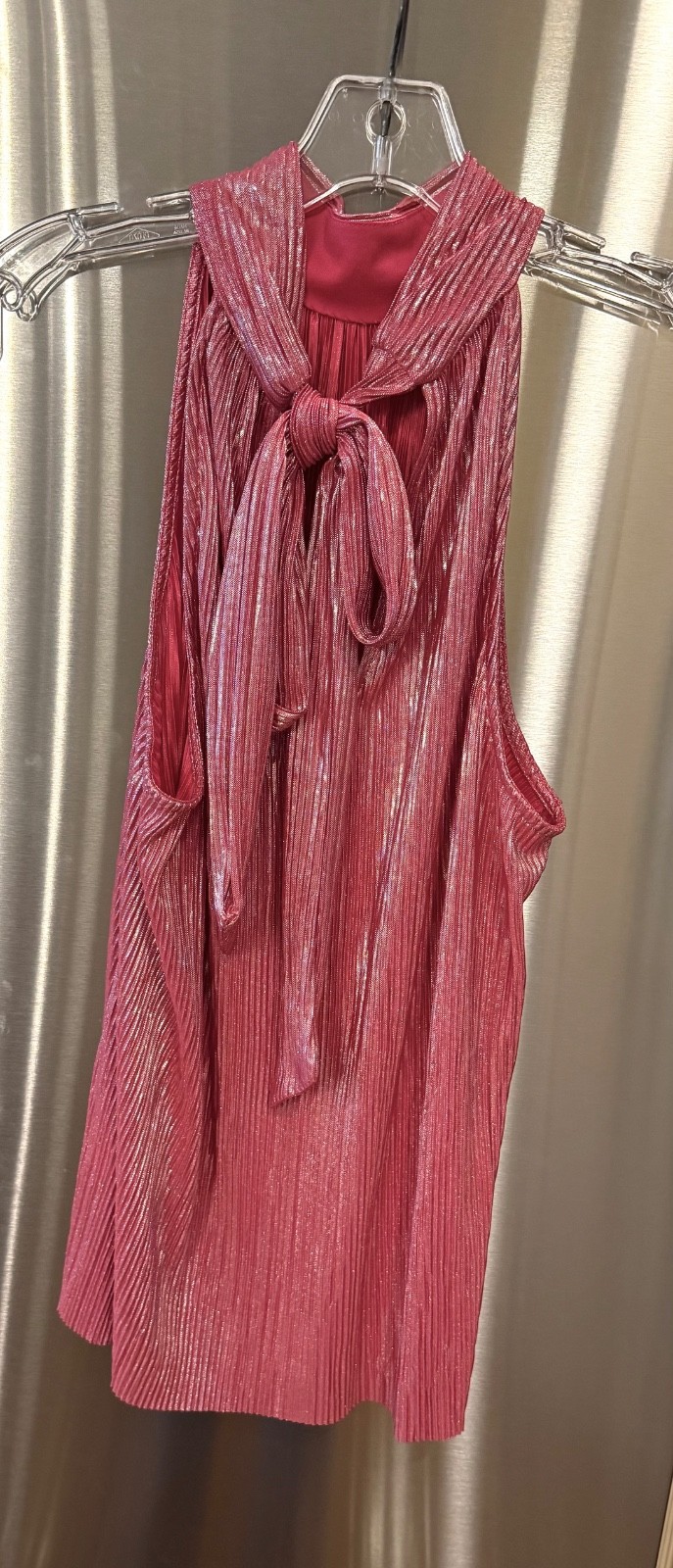 CECE Pink Metallic Pleated Halter Shimmer Party Date Nite Top with Back Bow Sz L