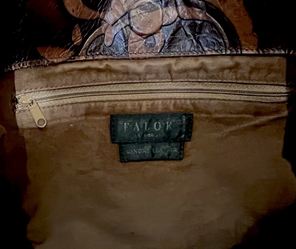 Falor Le Borse Leather Tote Tooled Embossed Brown Purse Bag Made in Italy 16×11