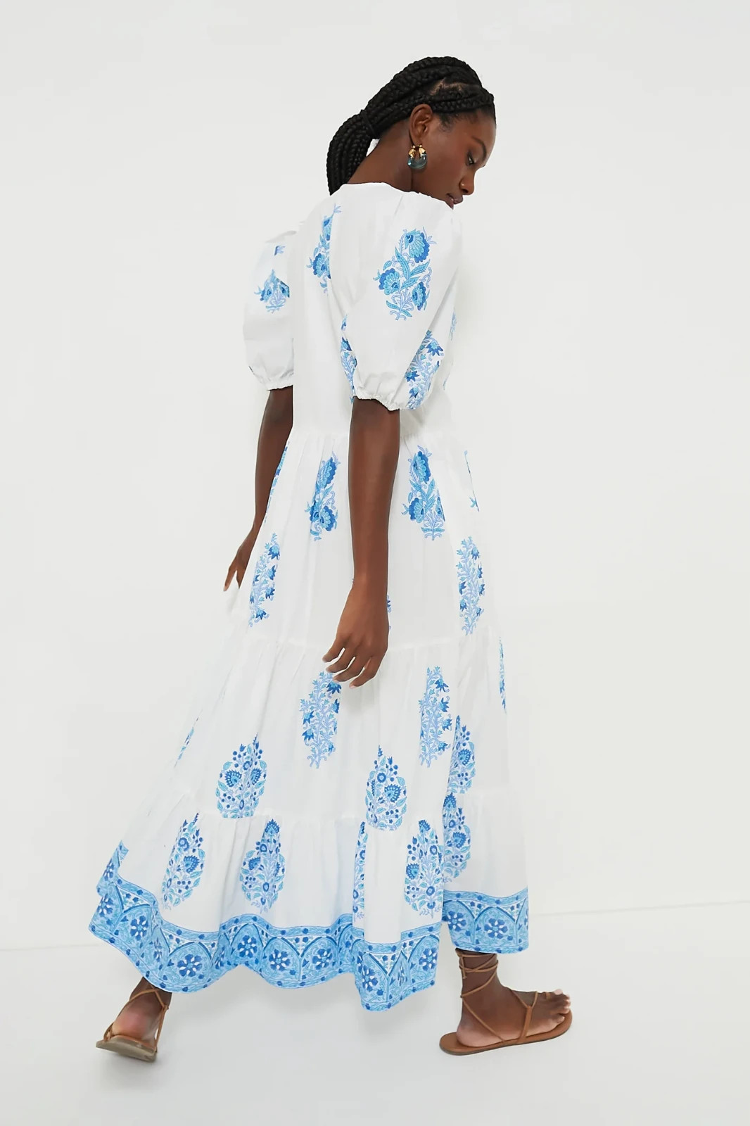 NWT Oliphant Puff Sleeve Maxi in Laguna Blue Floral Cotton Dress L $328