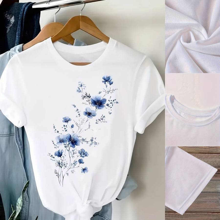 Women Floral Graphic T-Shirt Blue Flower Casual Crew Neck Short Sleeve Tee Top√