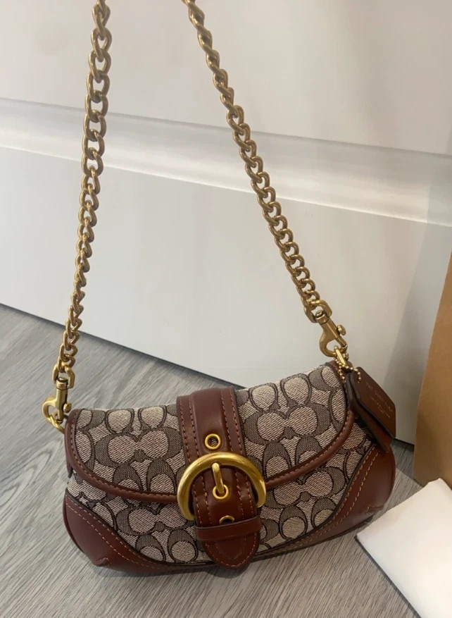 COACH CAN45 Soho Bag 25 In Signature Jacquard Oak Maple Brass Outlet NEW