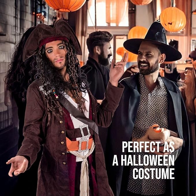 Mens Caribbean Pirate Captain Costume + Hat + Wig Movie TV Fancy Dress M L XL