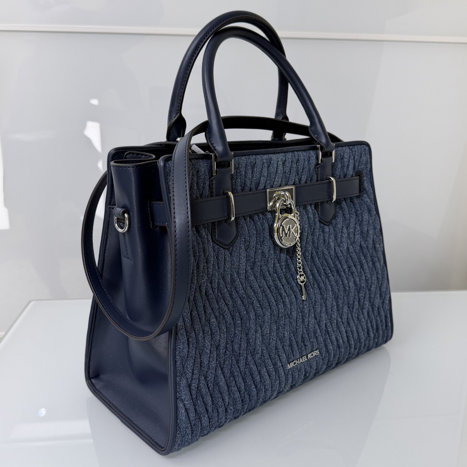 Michael Kors Set Hamilton MD Matelassé Denim Satchel Bag Denim Blue