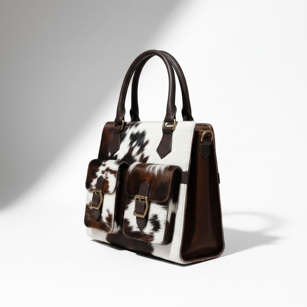 Genuine Cowhide Leather Tote Bag Brown White Hair-On Hide 13x11x4 Stylish