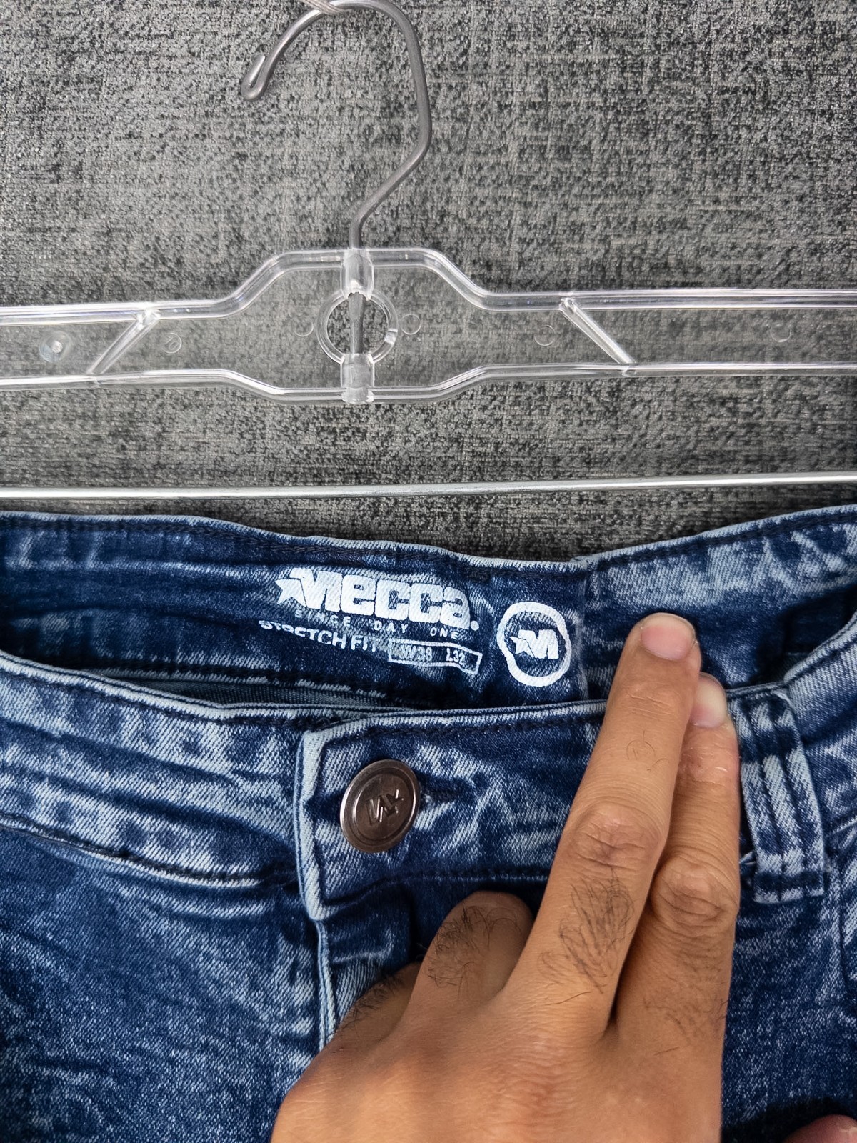 Y2K Mecca Jeans Mens (38×32) 34×32 Blue Moto Acid Wash Rugged Distressed Slim