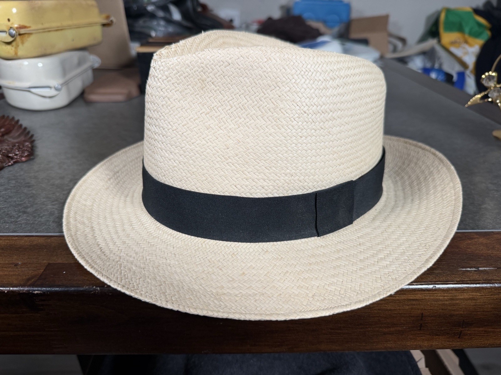 Hand Woven Ecuador Panama Straw Fedora Hat Natural Toquilla Palm Black Band