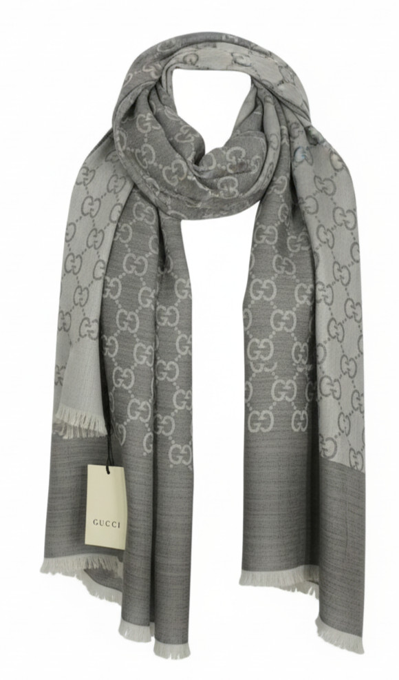 NWT Gucci GG Large Double Jacquard Wool-Silk Blend Gray Scarf Shawl ITALY 200cm
