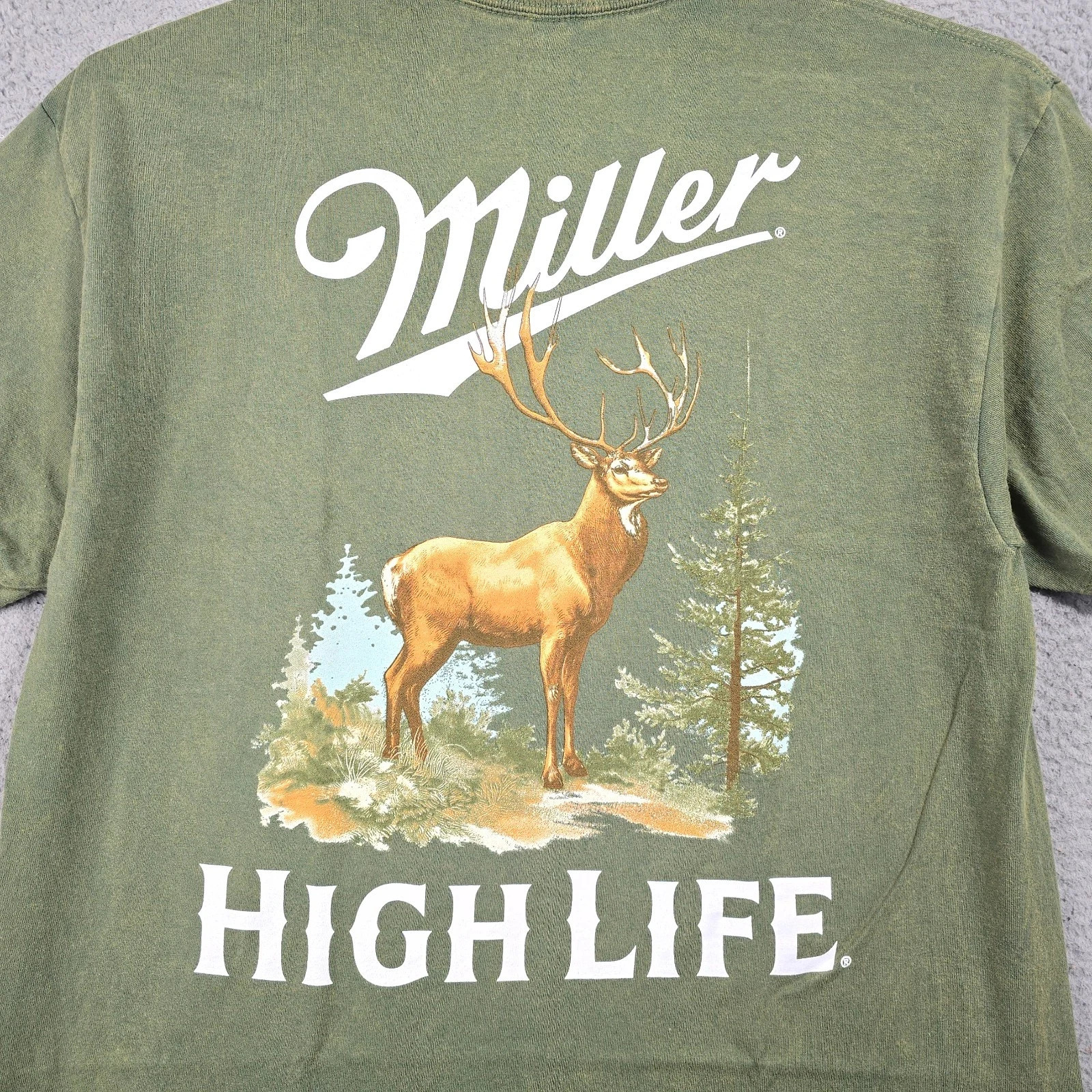 MILLER HIGH LIFE Beer Deer Shirt Mens XL Green Weathered Hunting Casual Brew NWT