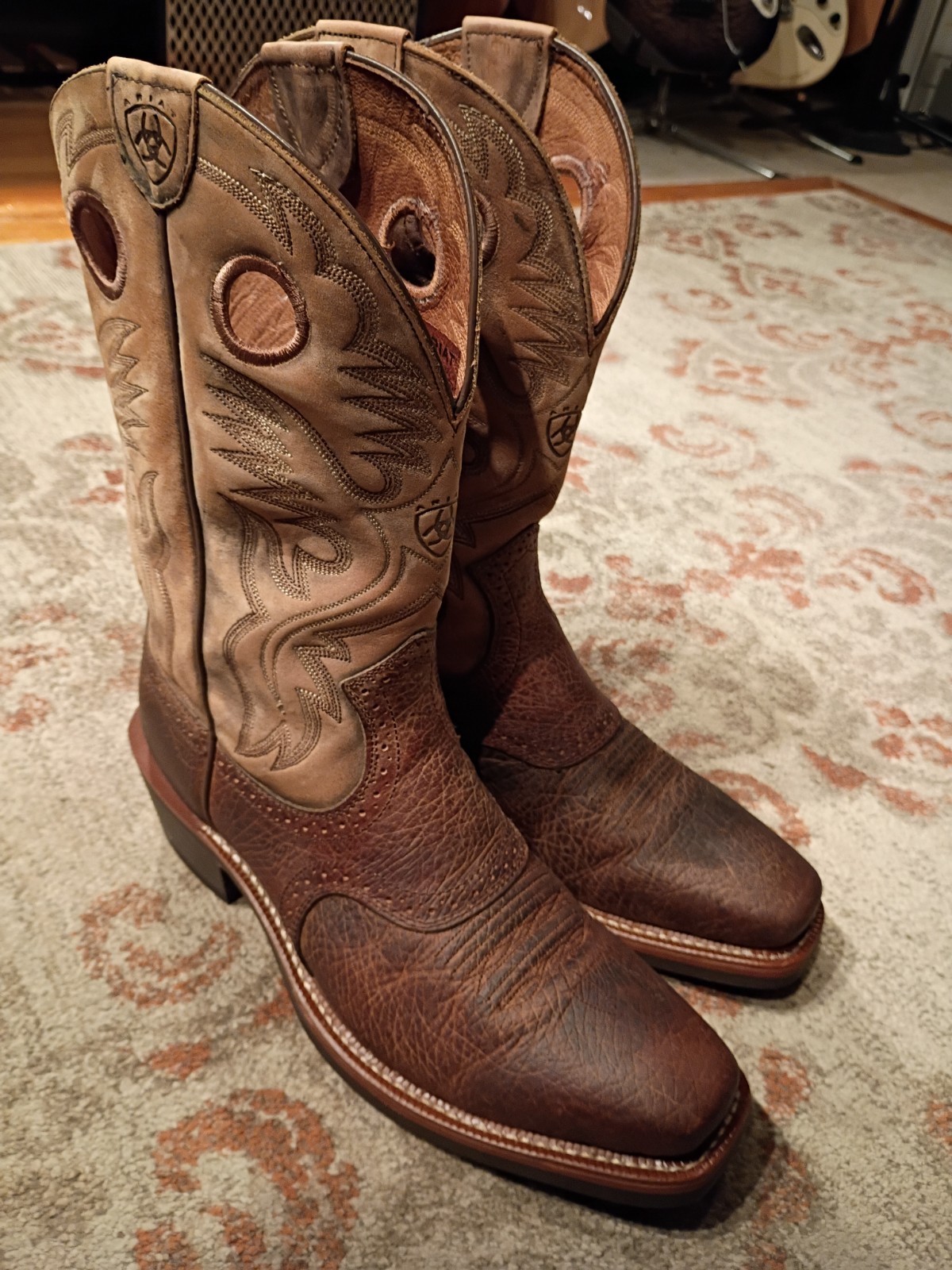 ARIAT ROUGHSTOCK BROWN BULLHIDE LEATHER SQUARE TOE COWBOY BOOTS #34828 MEN’S 12D