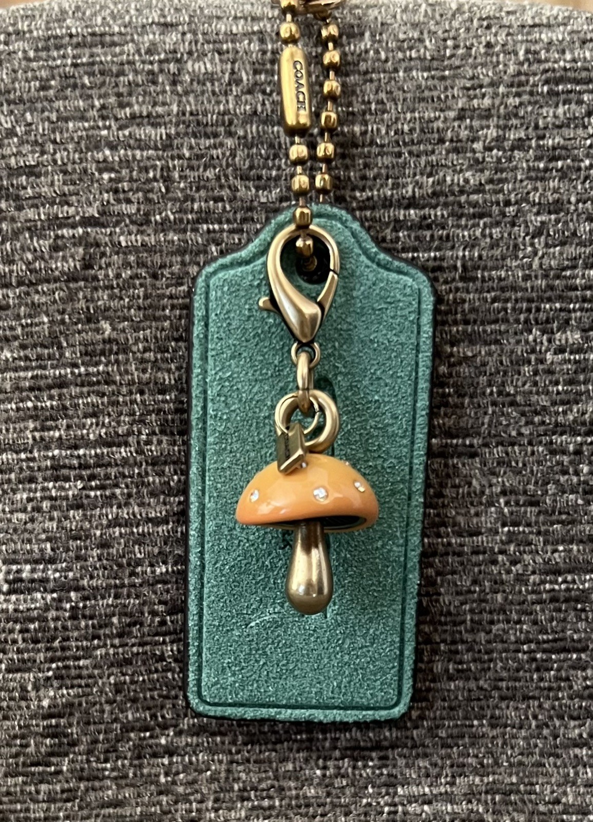 Genuine Coach 2.25” Green Suede Leather Hangtag Orange / Brass Mushroom New