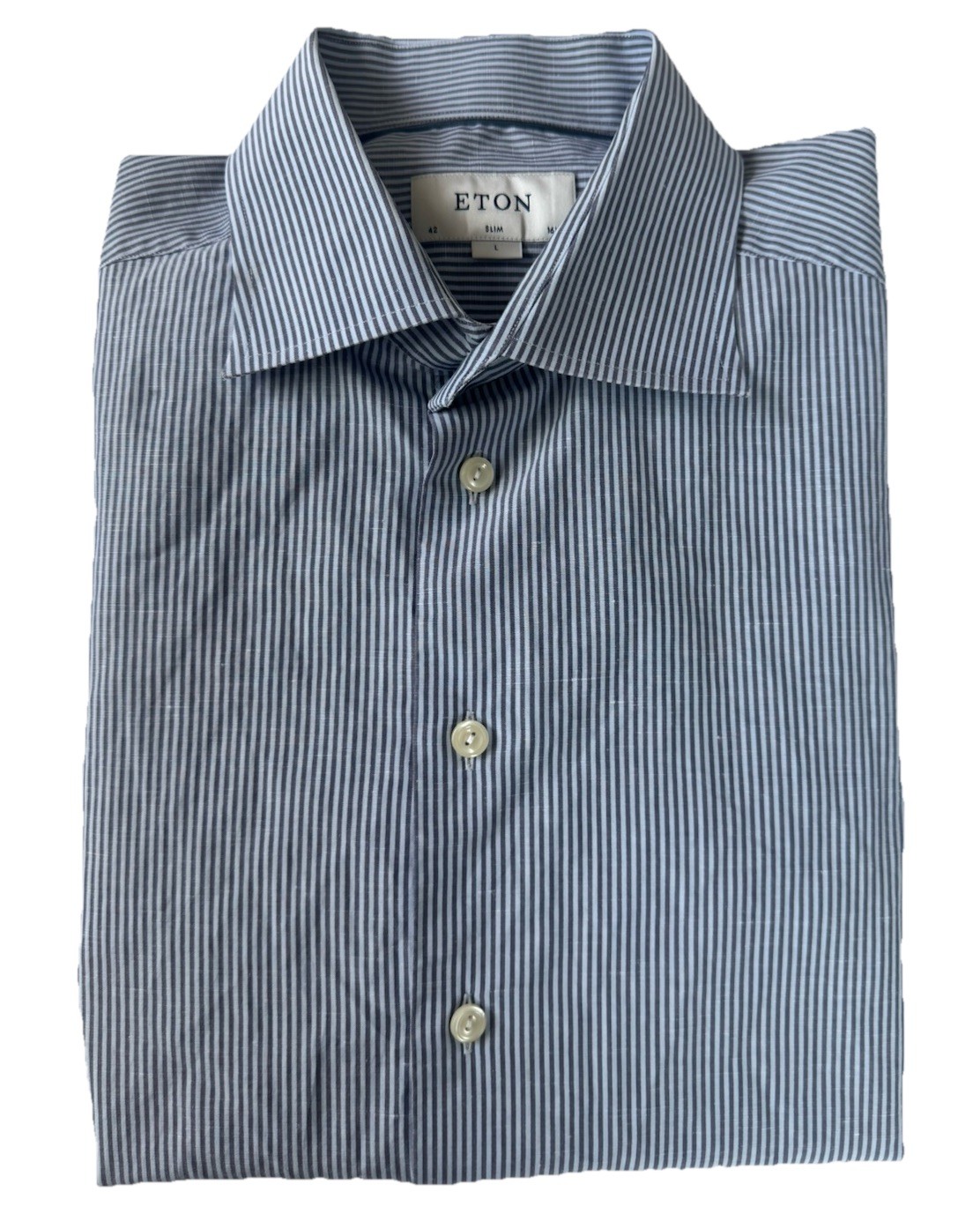 Eton Slim Fit Dress Shirt L 16.5 42 Cotton Linen Blue Striped Button Up Mens