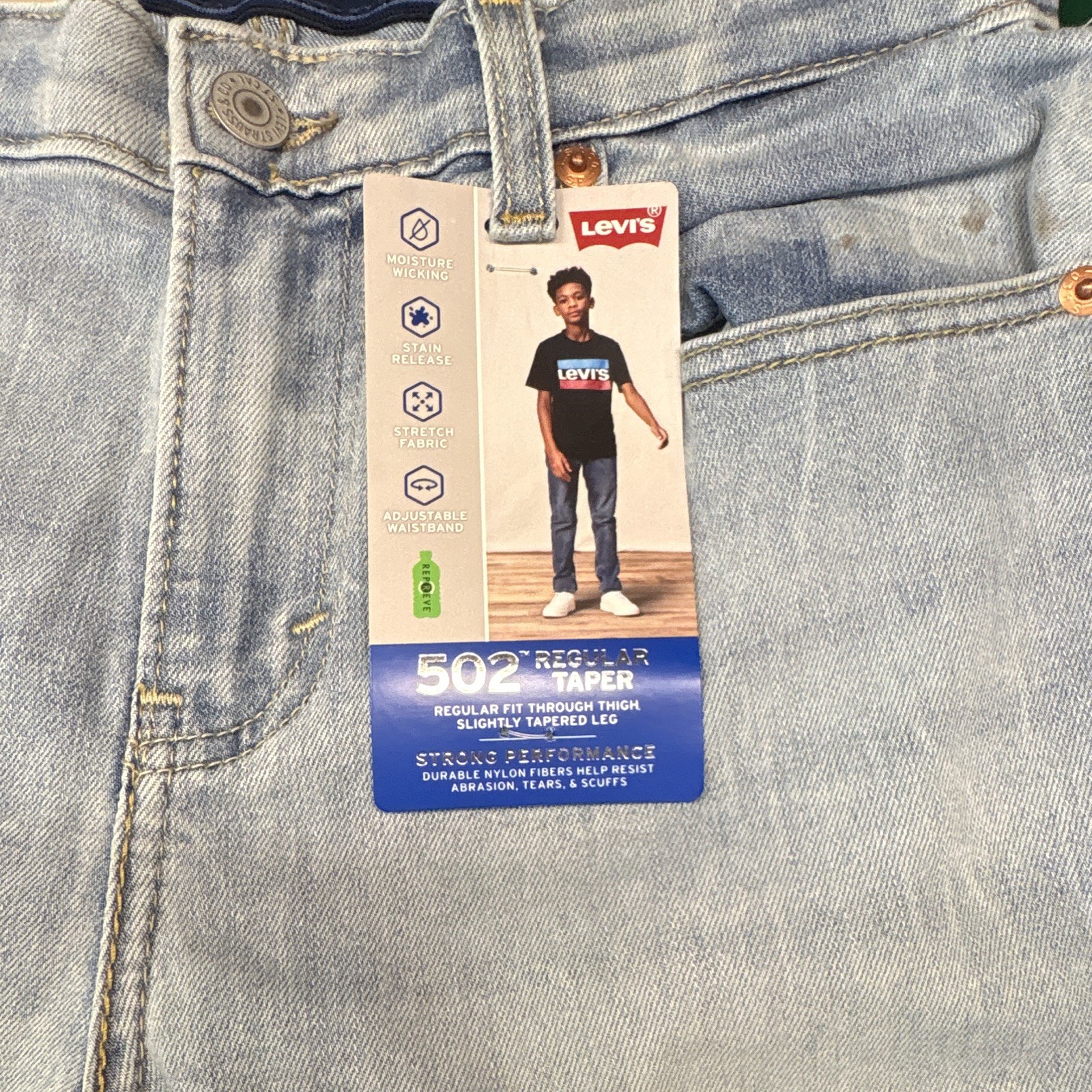 Levi’s Boys 502 Regular Taper Stretch Jeans Light Blue 16 28×30 Adj Waist