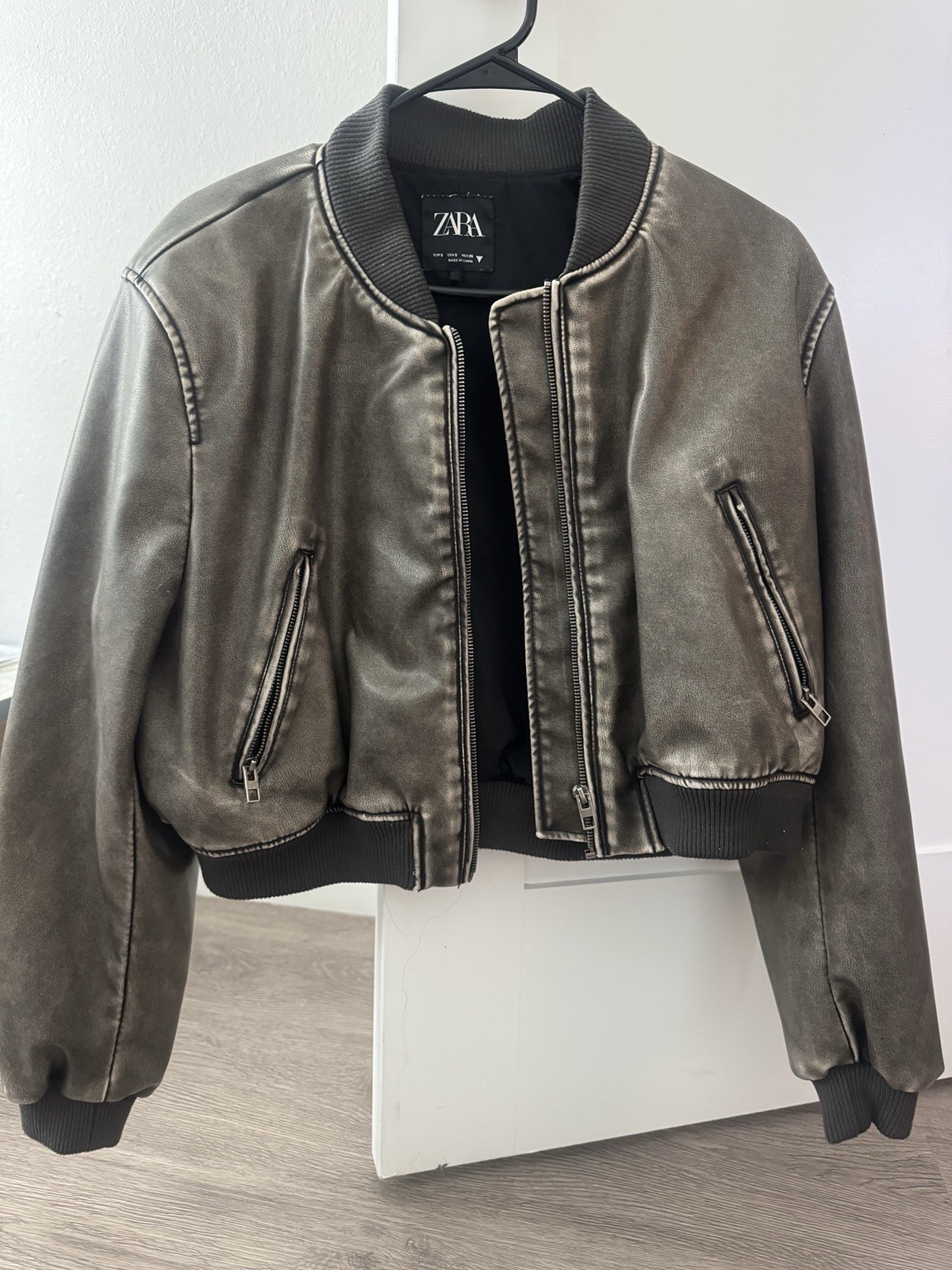 ZARA Woman’s brown Faux Leather Bomber Jacket Full Zip Band Collar Size S