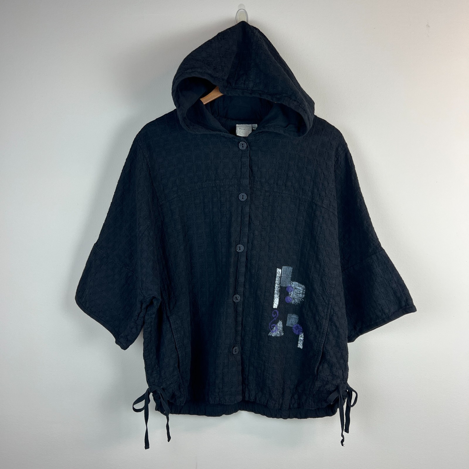 Focus Jacket Womens XL Black Cotton Hooded Textured Button Up Scrunch Side Artsy