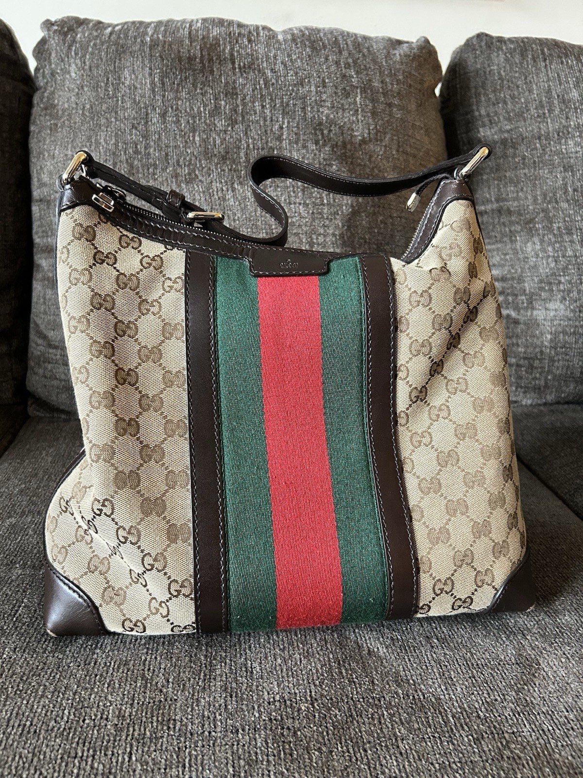 Gucci GG Web Stripe Shoulder Bag, Zip Closure, Gold Hardware, Lined, Pockets
