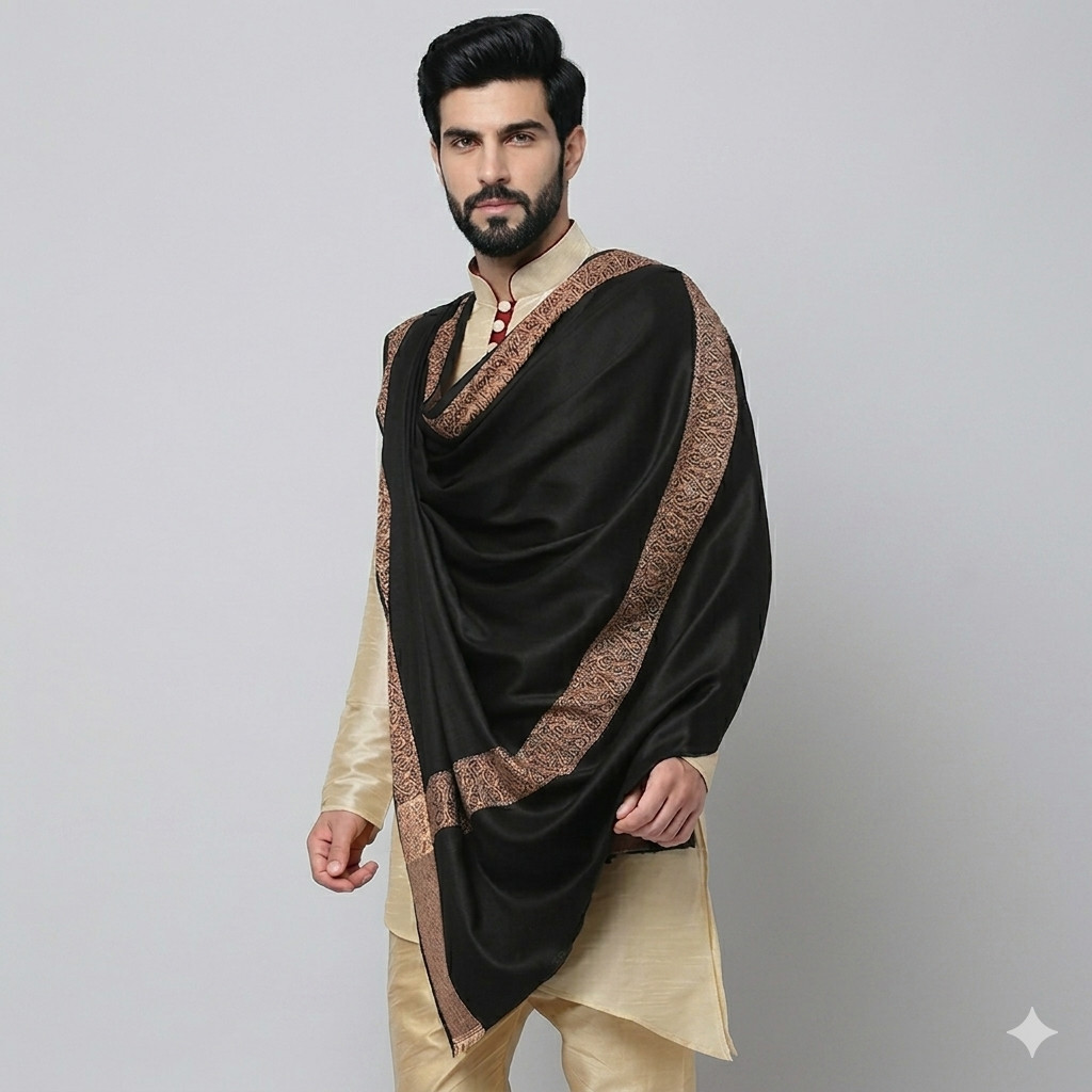 Men’s Poly-Wool Lohi Shawl: 4-Side Jacquard Border, 50×100 Inches
