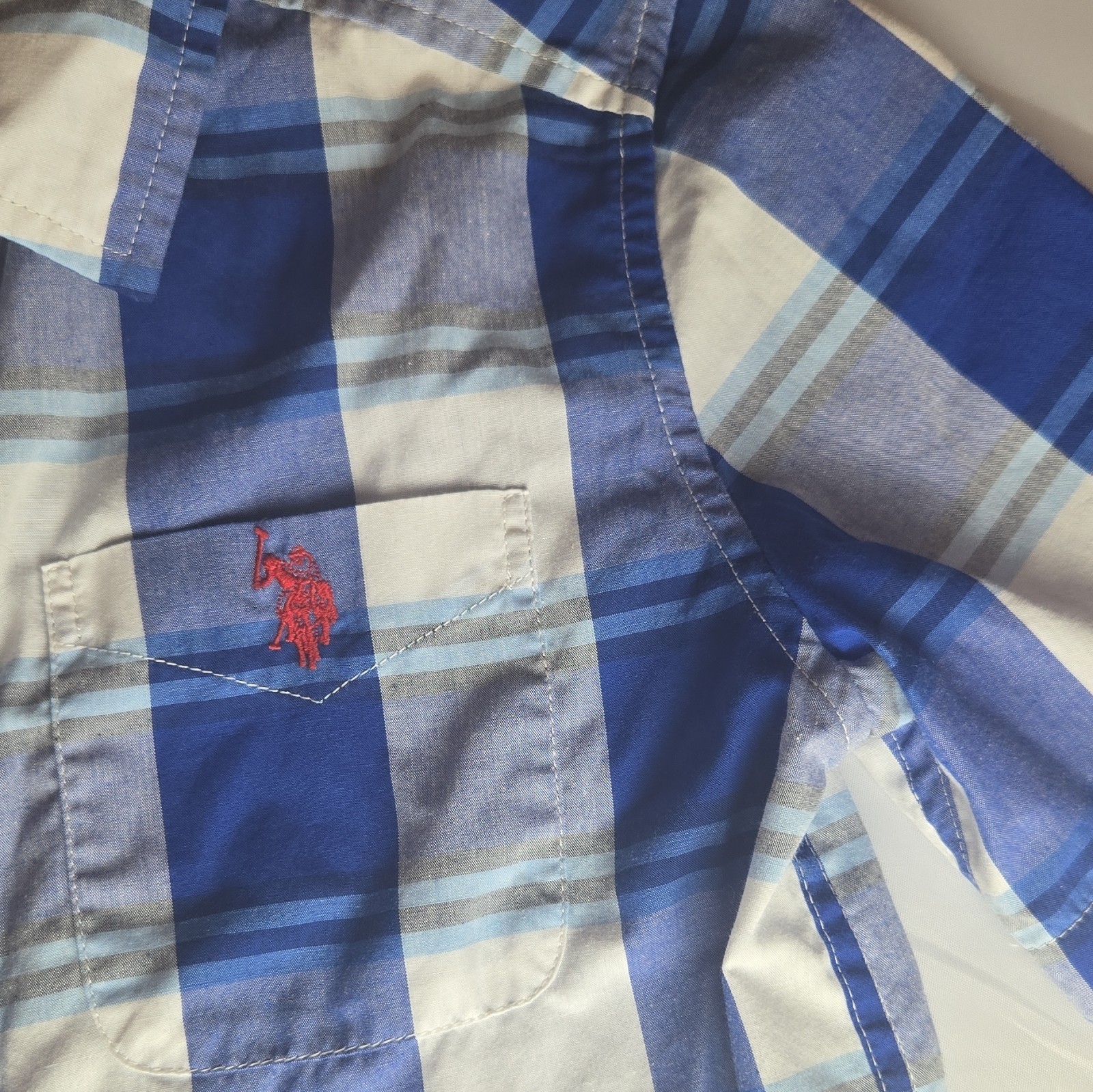 U.S. Polo Assn. Boys M (8) Blue/White Plaid Short Sleeve Collared Button-Up