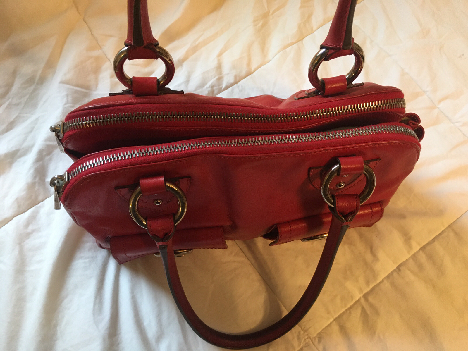 MARC JACOBS Multi-pocket Push Lock Red Leather Satchel Purse Bag