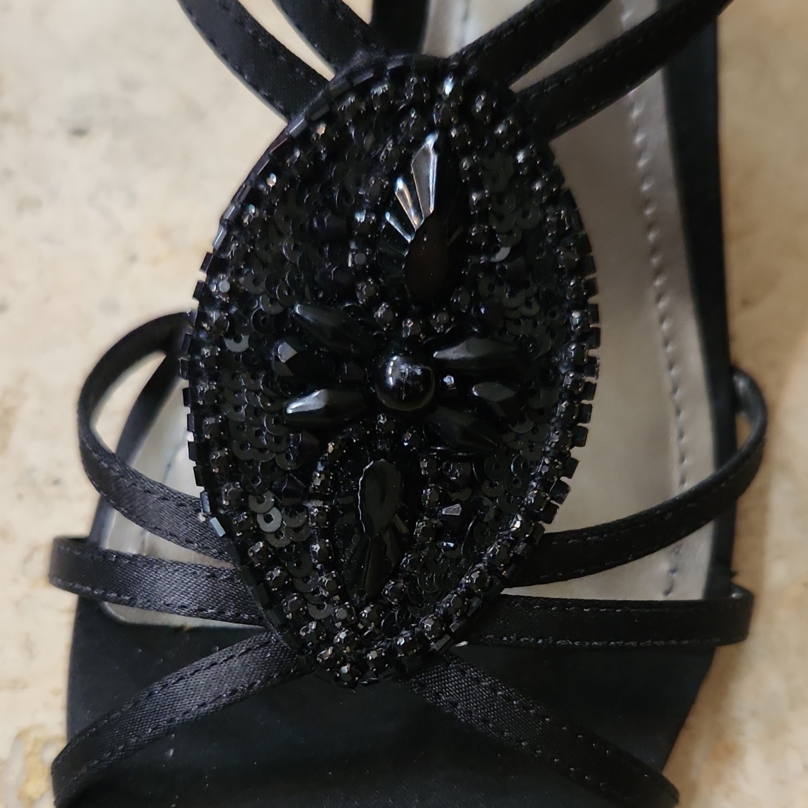 Ann Taylor Black Strappy Beaded Sequin Slingback Heels Buckle Open Toe 9M