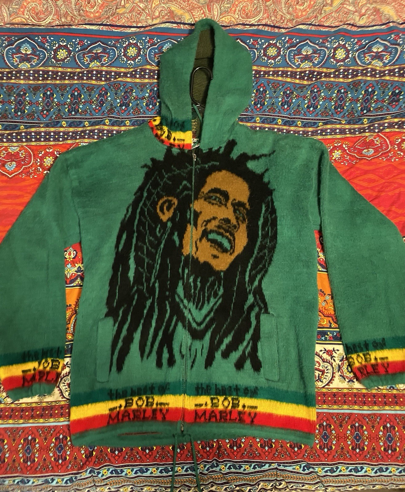 Bob Marley Wool Full Zip Hoodie XL Ecuador Knit Sweater Rasta Reggae Rare