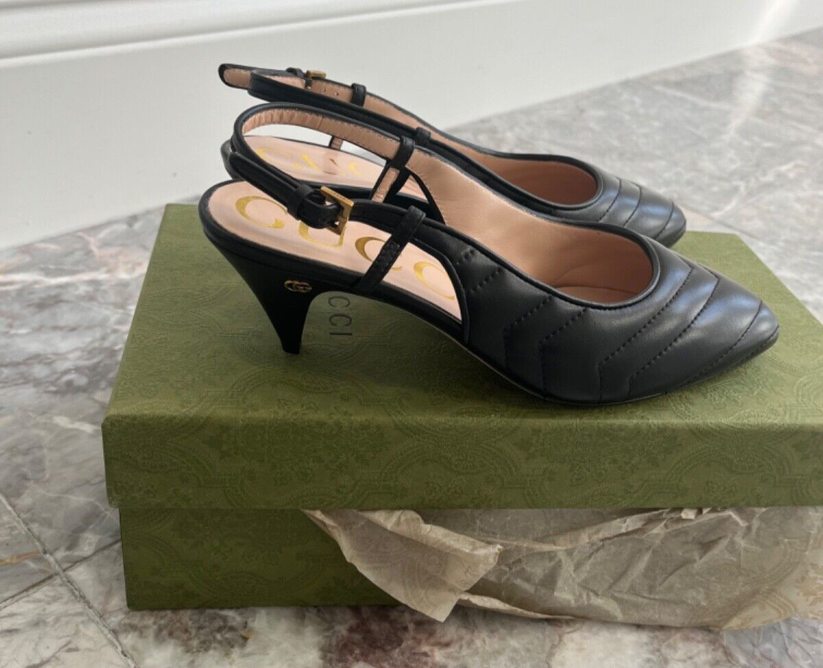 NIB GUCCI Matelasse Leather Kitten heeled Slingback 7.5