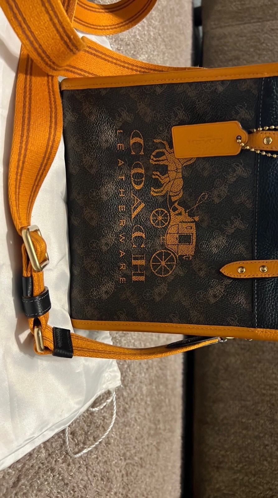 Coach Small Tote Bag Brown/Black/Orange w Detachable Strap Dust Bag Snap