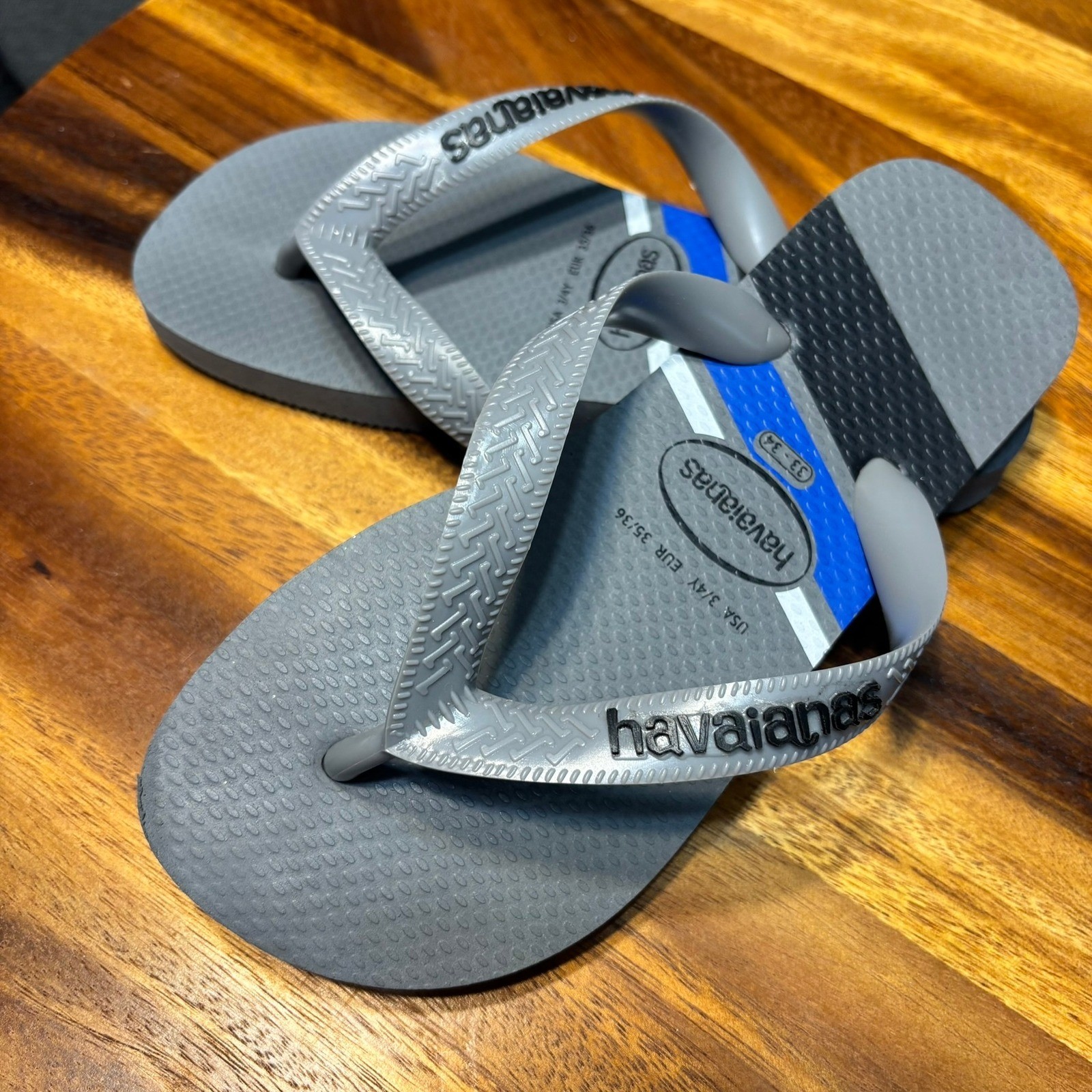 Havaianas, Grey/Blue Colorblock Flip Flop Sandals Boys – Size 3/4Y
