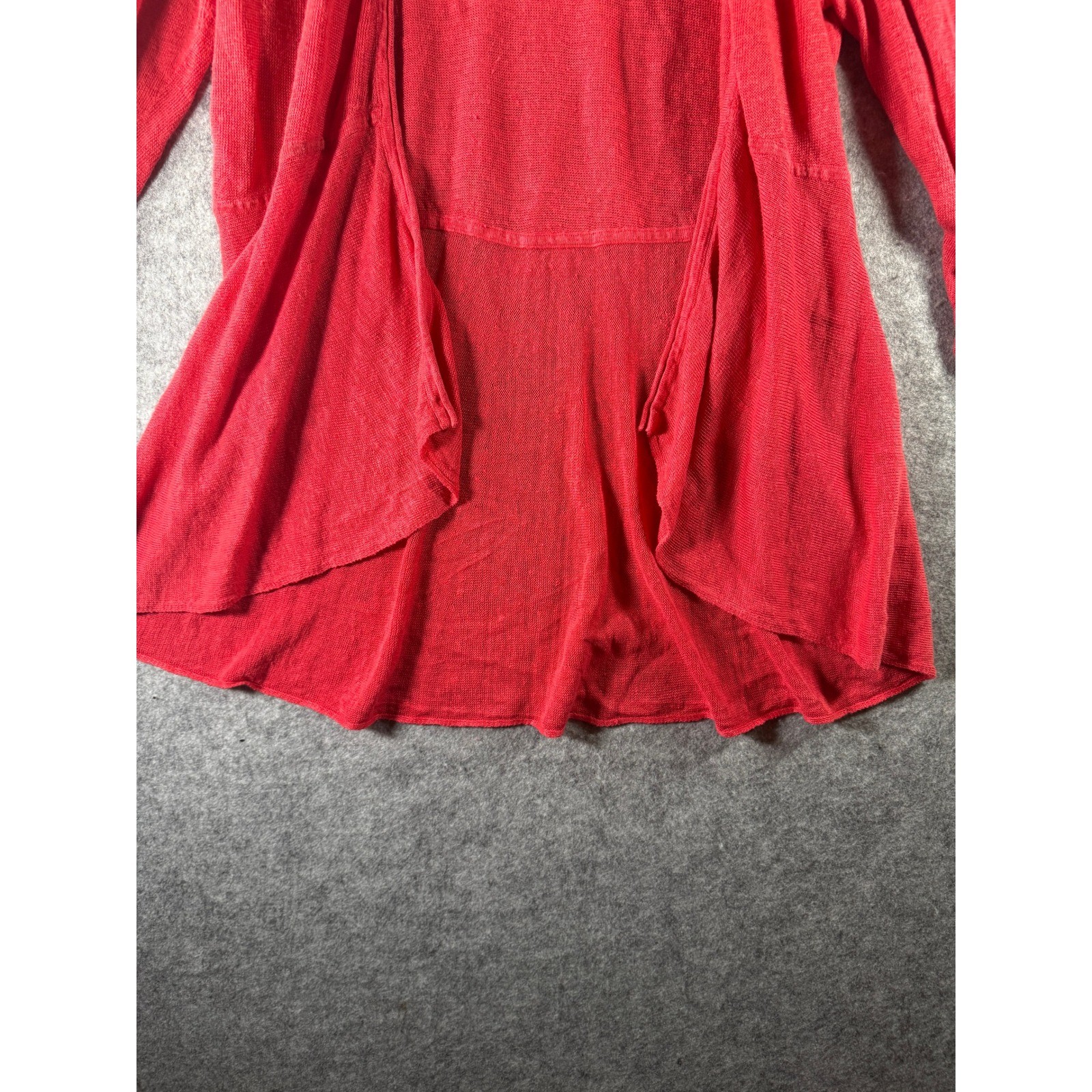 Eileen Fisher Coral Red Open Front Draped Cardigan Sweater Medium High Low Hem